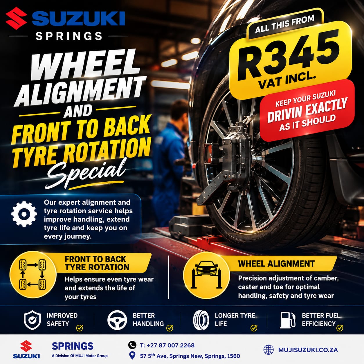 WHEEL ALIGNMENT AND FRONT TO BACK TYRE ROTATION image from MUJI Suzuki